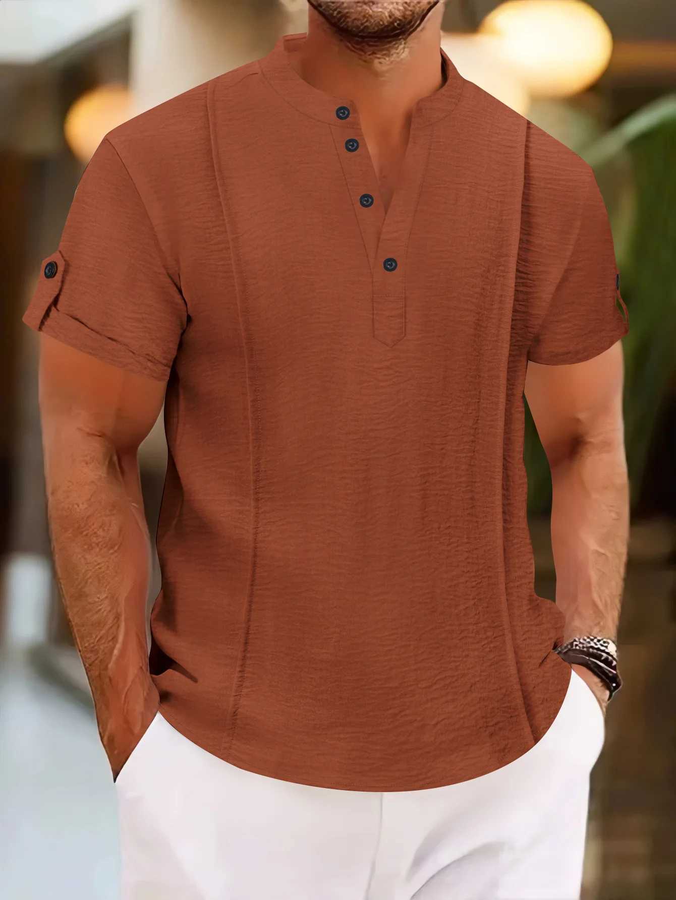 Mens Summer New Style Standing Collar Short-Sleeved Polo Shirts Double Button Front Casual Outdoor Beach Wind Solid Color Tops XJ250605