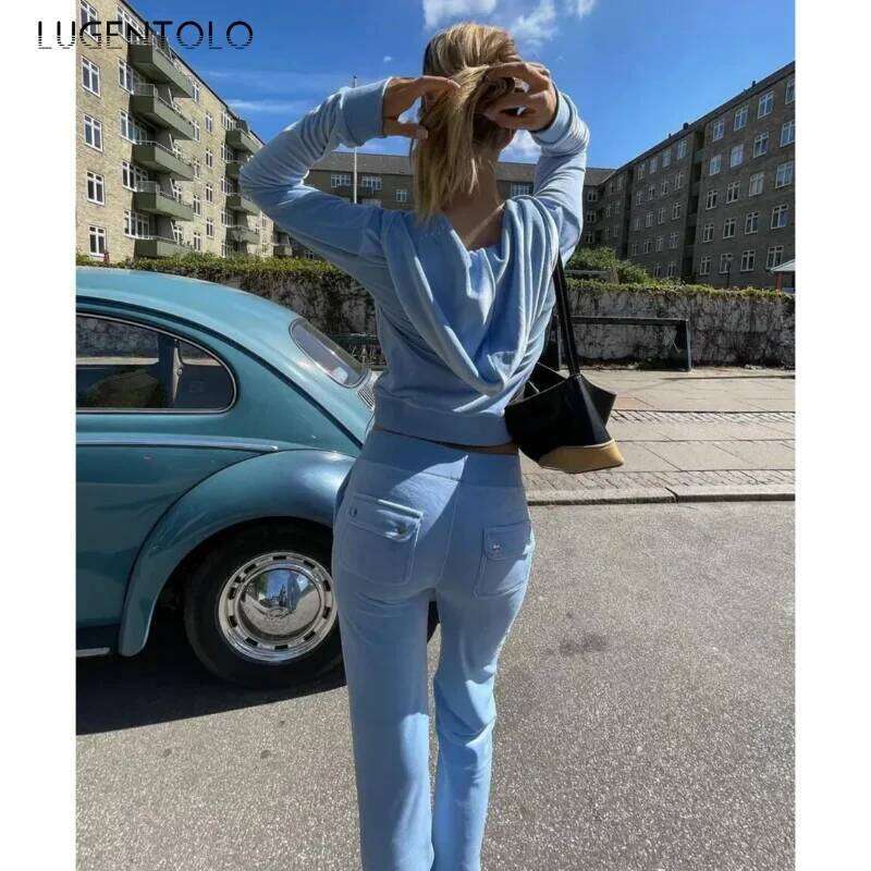 Women Hoodie Two-piece Set Y2k Veet Zip Cardigan Jacket Multi-pocket Jogging Straight-leg Pants Fiess Sports Street Wear