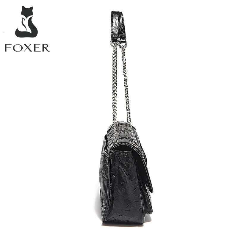 OLOEY FOXER Women Genuine Leather + PU Shoulder Handbag Classic Fashion Black Tote Chain Bag