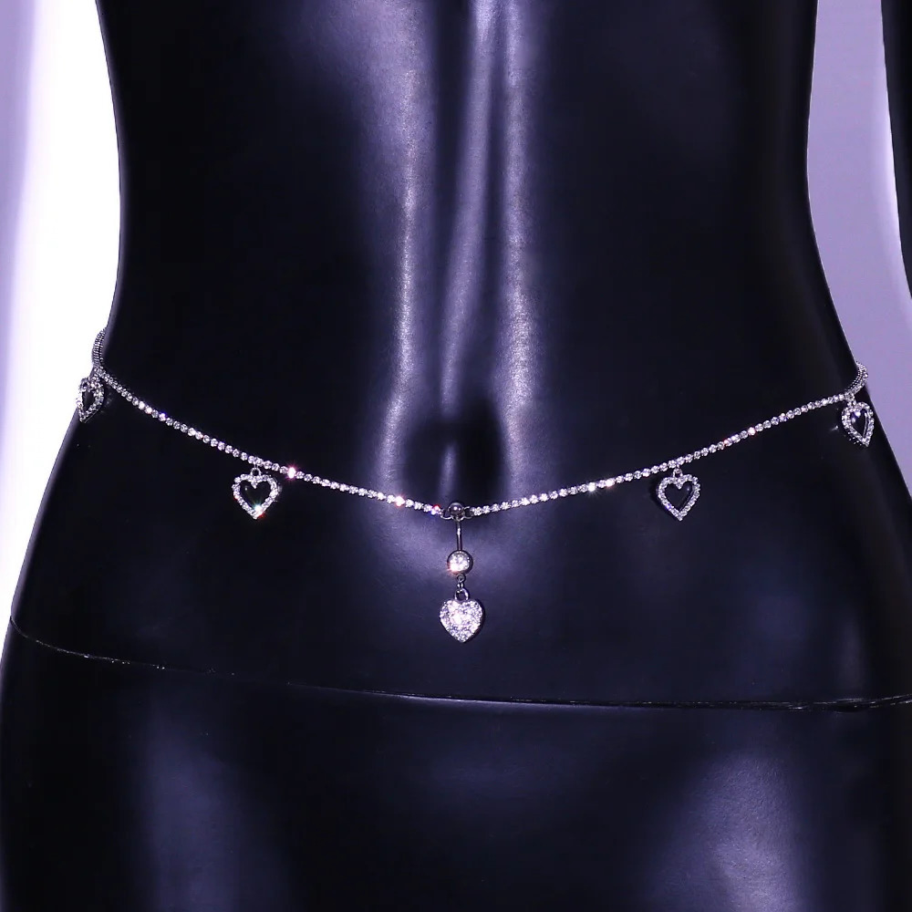 Stonefans Women Sexy Rhinestone Heart Belly Button Waist Chain Fashion Love Pendant Navel Piercing Chain Ring Body Jewelry Party 250530