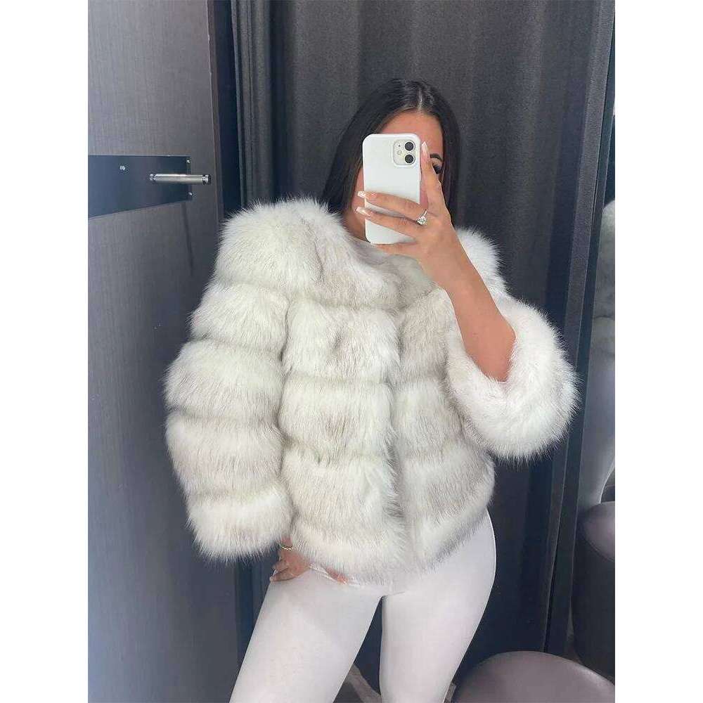 Fur Faux Jacket Women Coat Elegant Round Neck Long Sleeve Furry Female Coats 2024 Winter Fashion Lady Warm Solid Streetwears