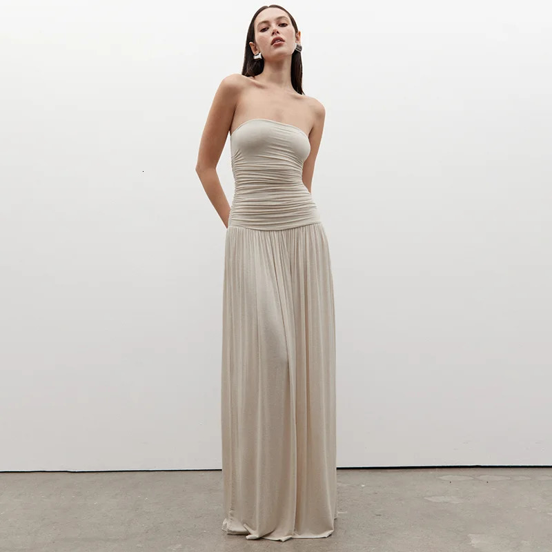 CUTENOVA WomenS Solid Color Sleeveless Backless Slim Shrinking Pleated Sheath Long Dress Summer Elegant Night Party Dresses 250604