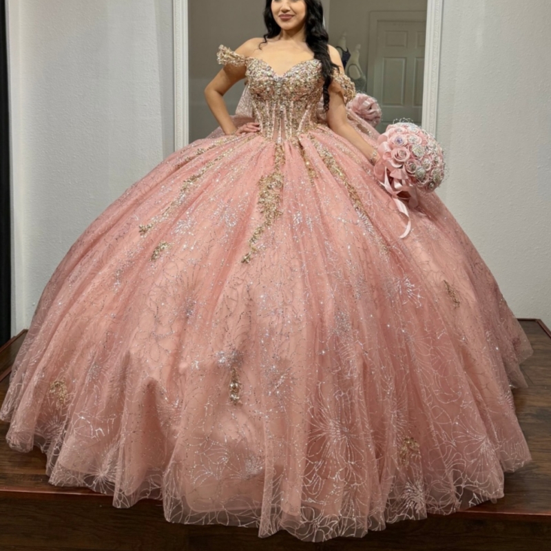 Pink Quinceanera Dresses Ball Gown Off Shoulder Sequin Lace Applique Beads Bow Tull Corset Sweet 16 Birthday Party Gown Vestidos 15 Anos