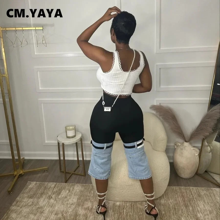 CMYAYA Women Streetwear Ripped Jeans Summer Patchwork Chic INS High Waist Fly CalfLength Knee Length Denim Pants 250604