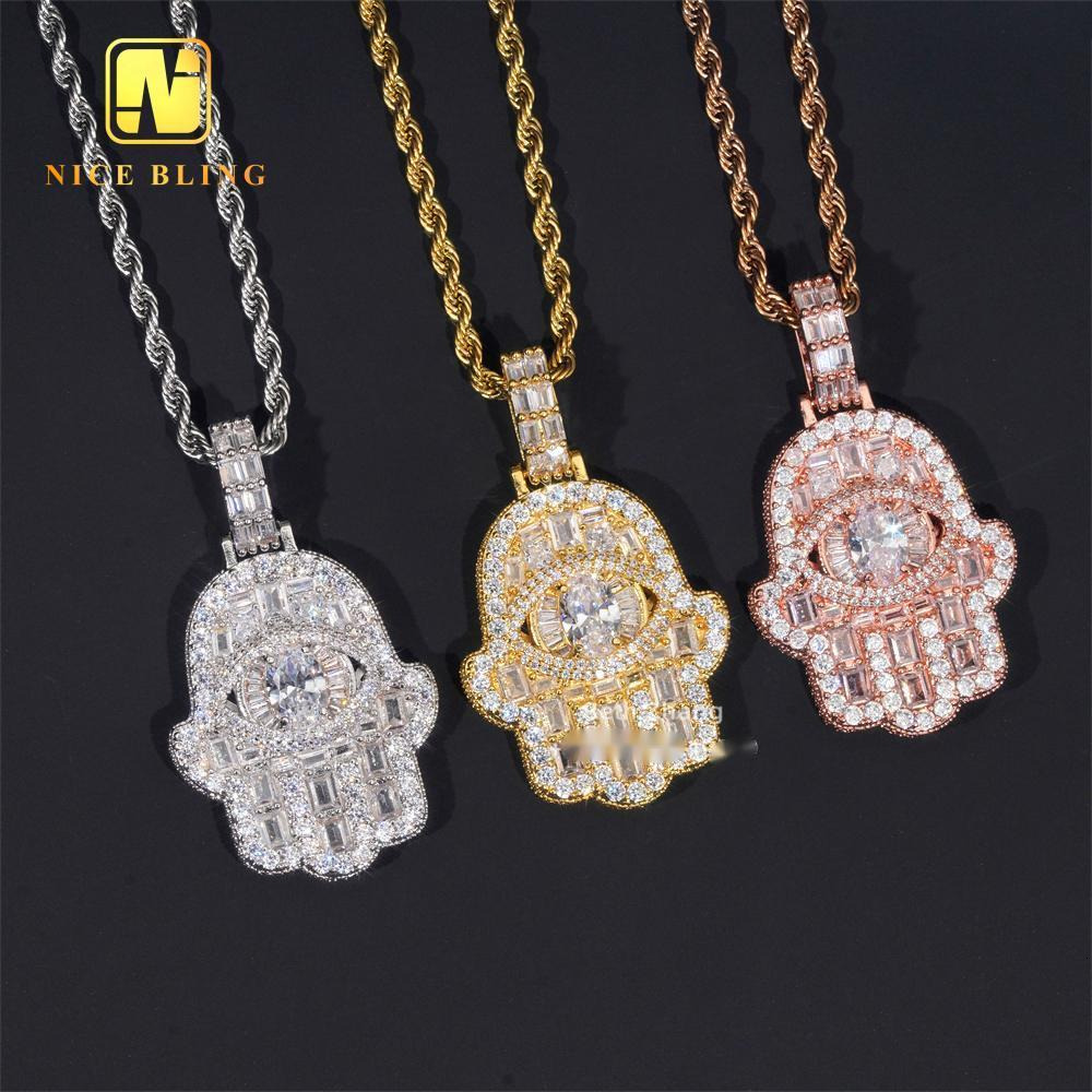 Cheap Price Hamsa Hand Pendant Brass Jewelry Hip Hop Iced Out Emerald Moissanite Diamond Big Eyes Hand Pendant for Men Women