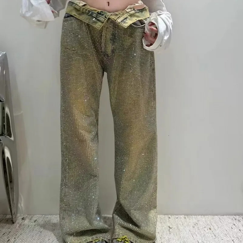 Full Diamond Printing Belt Wash Casual Loose Straight Jeans Hip Hop Y2k WOMEN Jeans 250604
