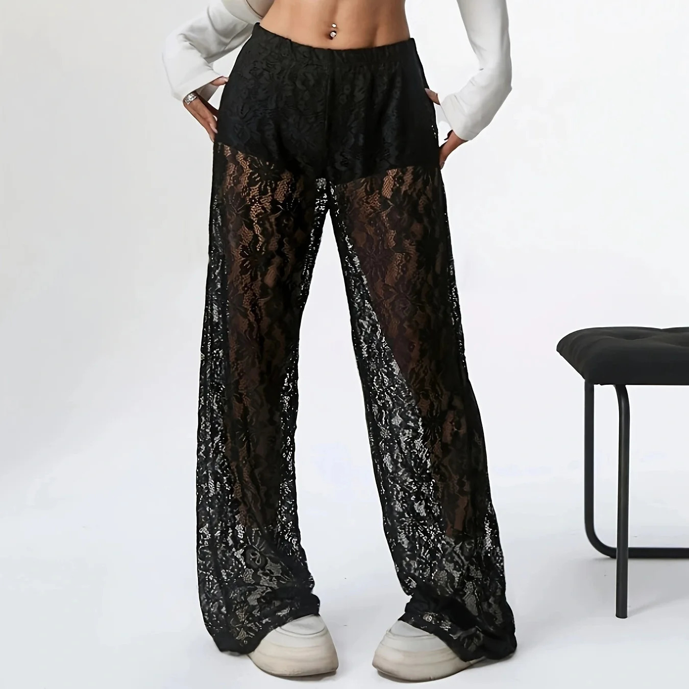 Fashionable and Sexy Versatile Waist Collection Lace Jacquard Micro Transparent Straight Leg Casual Pants Long Pants 250604