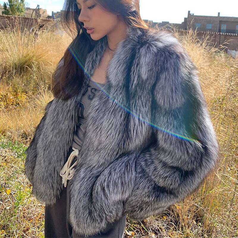 Real Natural Sier Fox Fur Coat Highend Quality Genuine Women Winter Female Jacket Long Sleeve