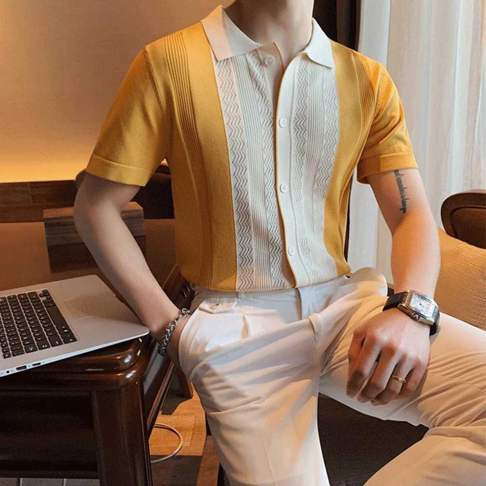 Fashion Men Knit Polo Shirts Short Sleeve Slim Fit Tops Blouse Vintage Stretch Casual Business Polo Tshirts Mens ClothingXJ250605