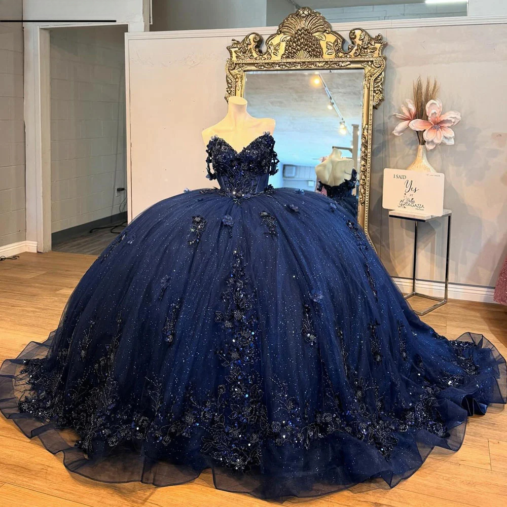 Glittering Navy Blue Quinceanera Dress 3D Flowers Gold Appliques Vestidos De Fiesta Lace Birthday Party Evening Dresses Off the Shoulder