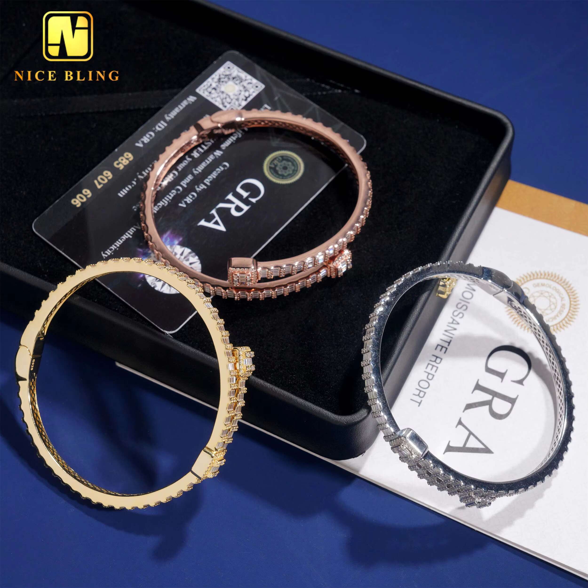 3MM VVS Baguette Moissanite Bangles 925 Silver Trendy Jewelry Adjustable Moissanite Diamond Bangles for Men Women