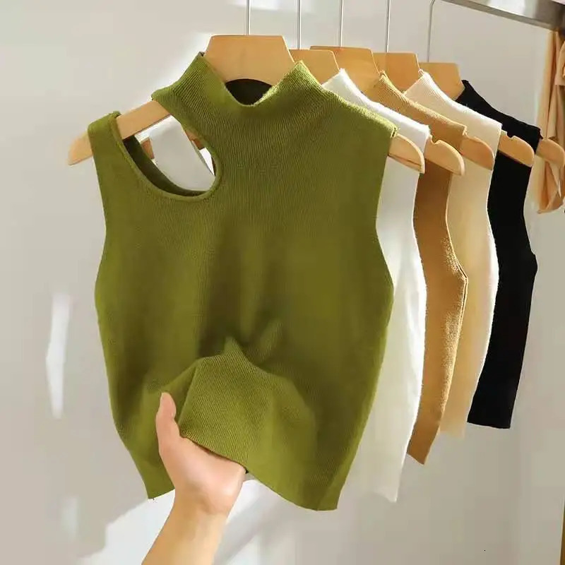 AOSSVIAO 2025 Hollow Out Pullover Knitted Tank Top Summer Fall Slim Sweater Sleeveless Solid Half High Collar Sweaters 250530