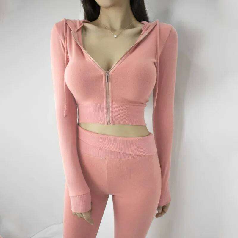 Korean Dongdaemunslims Women's Sexy Sports Suit Hooded Zip-Up Short Jacket Bell-Bottom Pants Slimming Effect