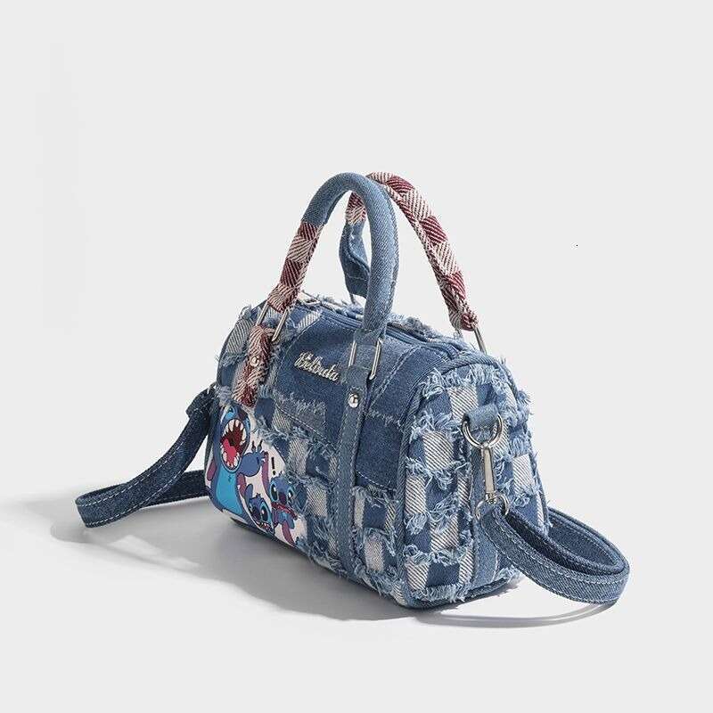 2025 Autumn Winter New Niche Cute Cartoon Stitch Denim Ripped Plaid Patchwork Crossbody Handbag Pillow Bag