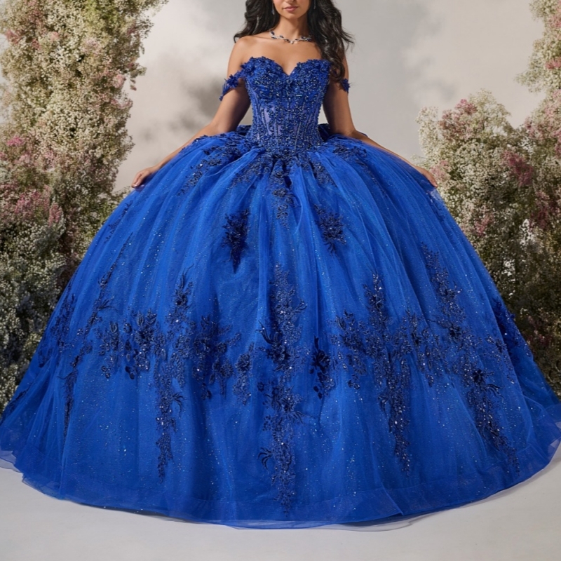 Royal Blue Quinceanera Dresses Birthday Party Ball Gown Lace Appliques Lace Beading Crystal Tull Off the Shoulder Vestidos De 15 Anos Sweet 16 Anos