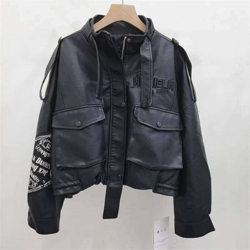 YEAE Ms. 2025 Spring and Autumn New Vintage Locomotive Printed High Waist Skinny Washed PU Leather Jacket Tide