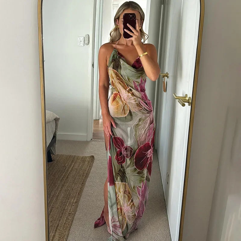 Fashion Flower Print Beach Dress Women Sexy Halter Backless Maxi Holiday Dresses Summer Casual Loose Bikini Cover Up Dress 250605