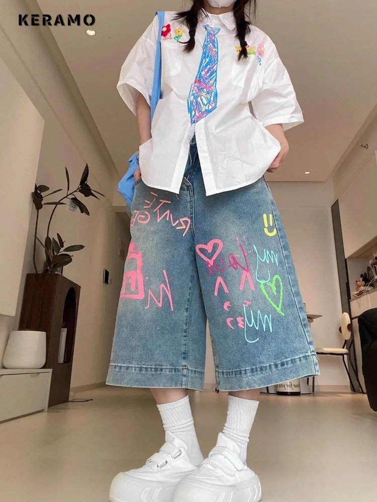 Y2K Heart Printing Calf Length Denim Trouser Vintage Casual Emo Blue Pants Womens Street Grunge 2000s High Waist Jeans 250604