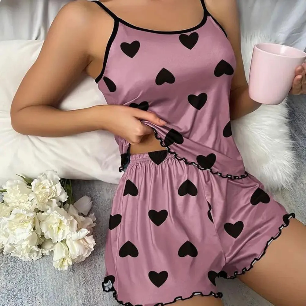 Women Satin Pajamas Set Cute Sexy Soft Cozy Thin Type Casual Printed Camisole Sleepwear With Shorts For Home Wear Daily Wear 250529