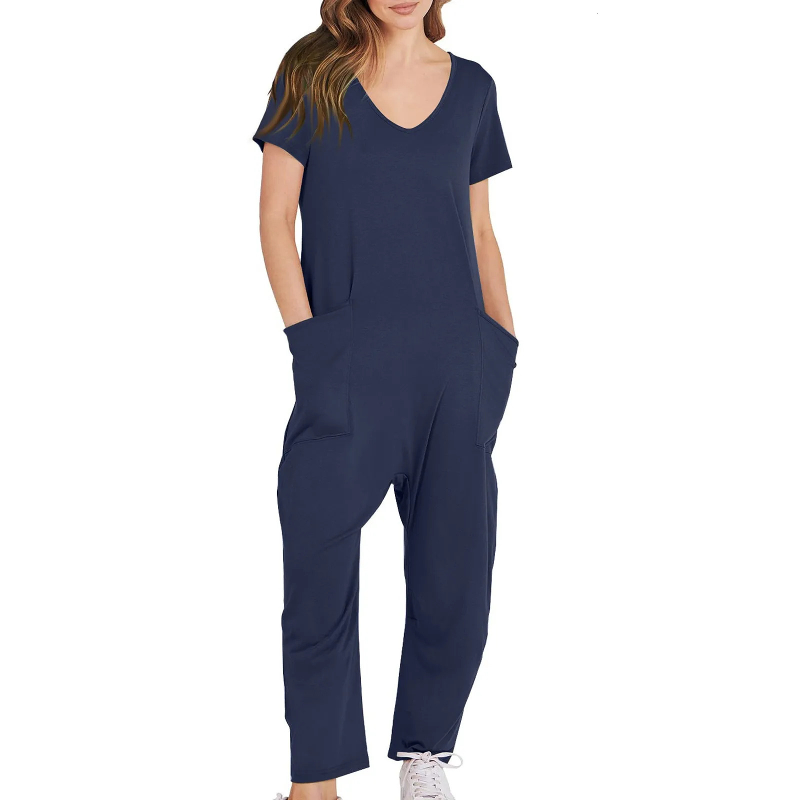 Womens Loose Solid Color Jumpsuit Short Sleeve VNeck Large Pocket Knitted Elastic Comfortable Home Clothing 250604