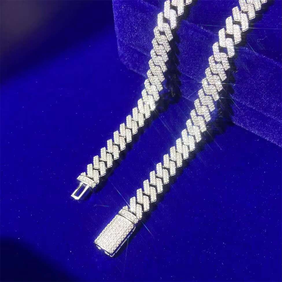 High Quality Hip Hop Micro Pave 8MM Iced Out Vvs Moissanite Diamond Gold Plated 925 Sterling Silver Cuban Link Chain Necklaces