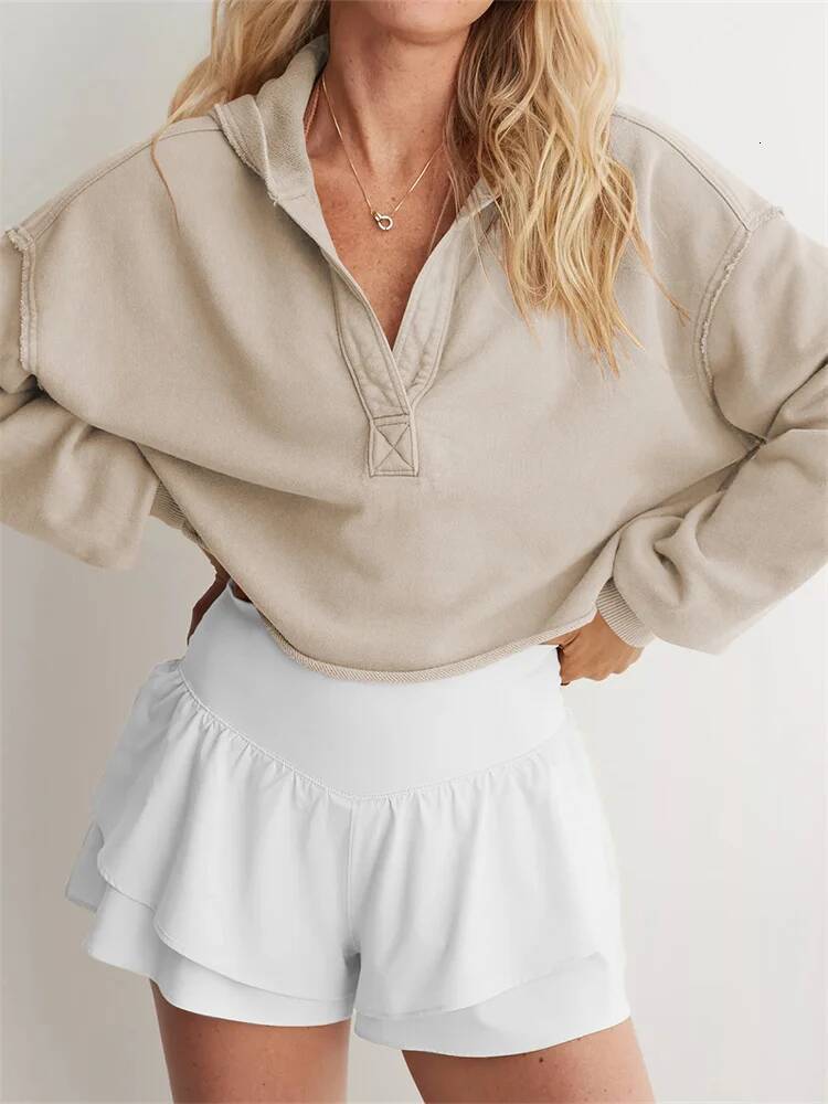 Women's Spring Autumn Hooded Sweatshirt Long Sleeve Solid Color V Neck Crop Hoodie