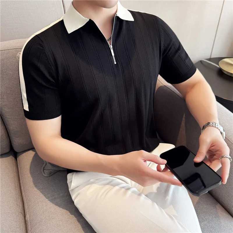 Men Knitted Polo Shirt British Style Summer Light Thin Short Sleeved Daily Wear Top Casual Striped Lapel T Shirt Men Clothing XJ250605