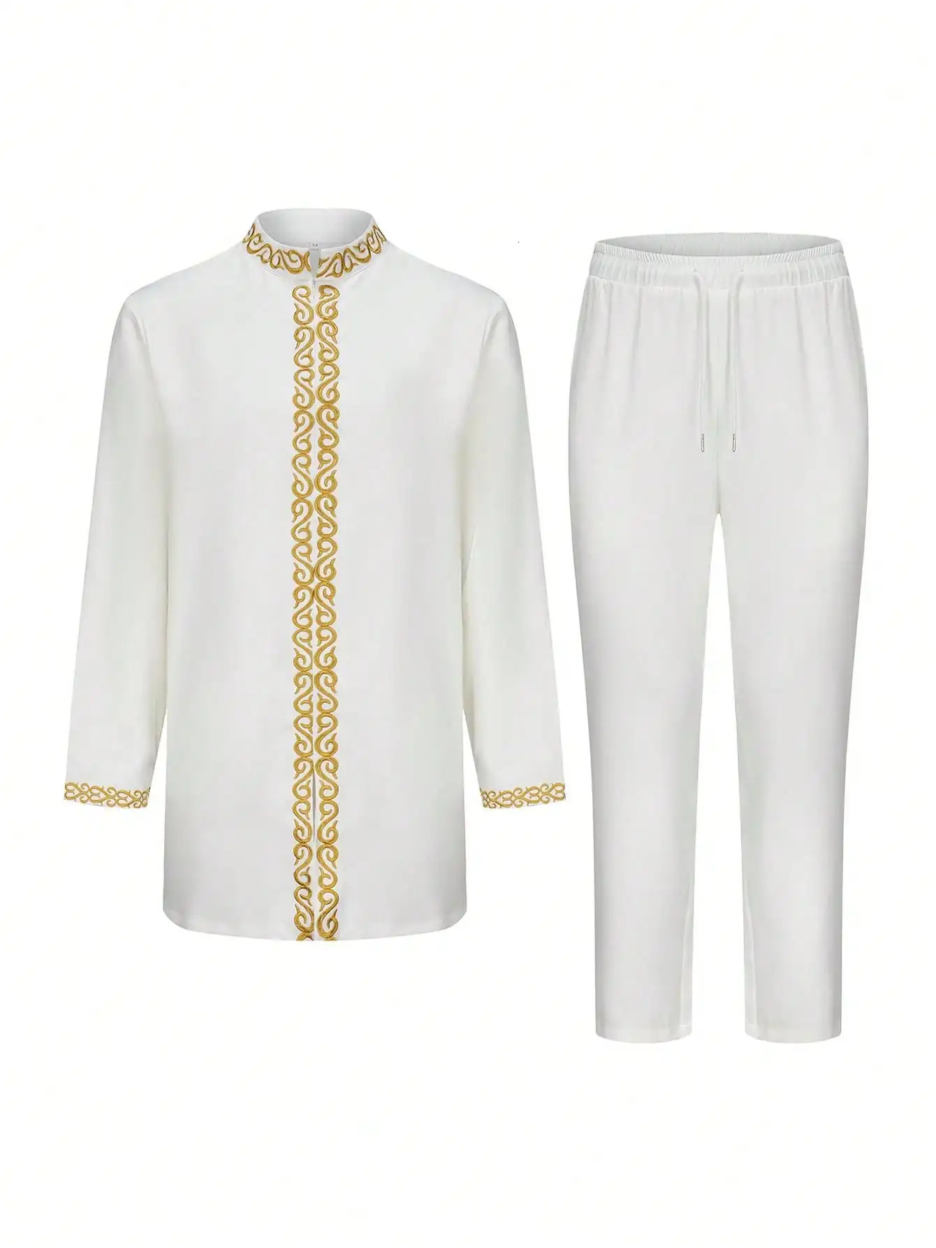 Kaftan White Wedding Mens Set Embroidered Top Pants Tuxedo Outfits Kaunda Suit African Casual Traditional Clothing Two Piece Set 250603