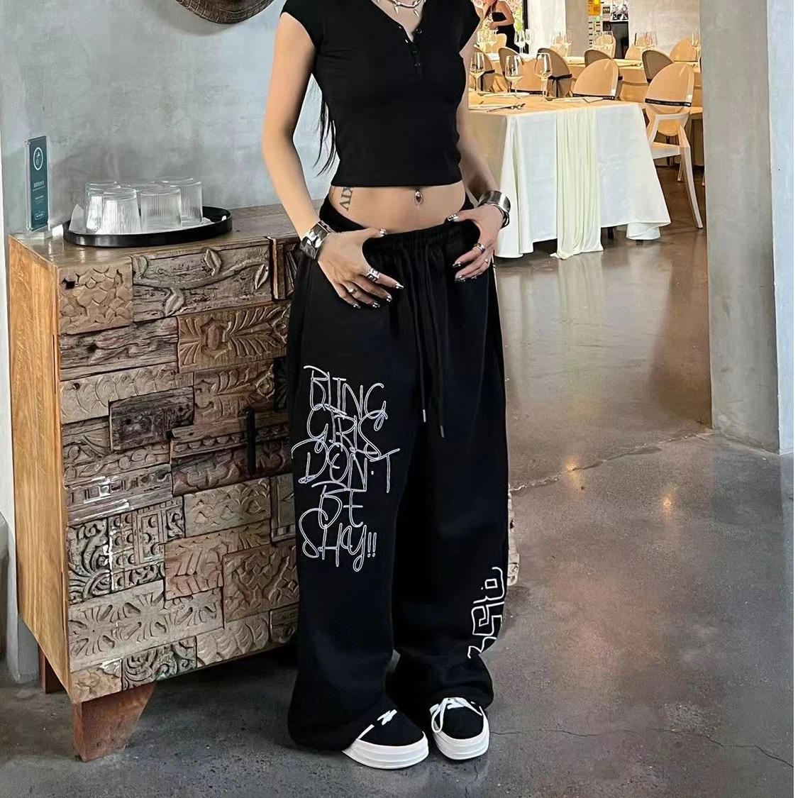 Hiphop Trendy Letter Print Women Pants High Waist American Fashion Wide Leg Woman Summer Street Dance Womens Pants 250604