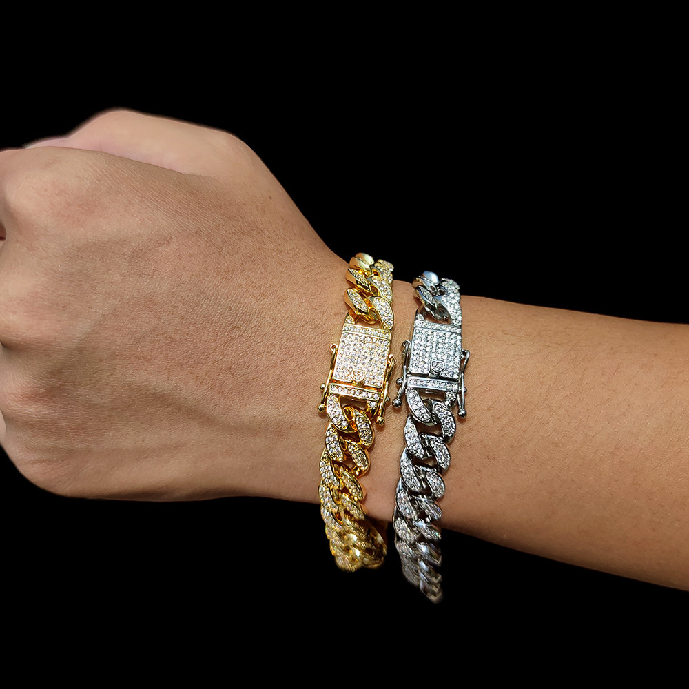 Hip Hop 12mm Double Row Cuban Chain Full Diamond Bracelet Trendy Moissanite Bracelet Mens Jewelry Accessories