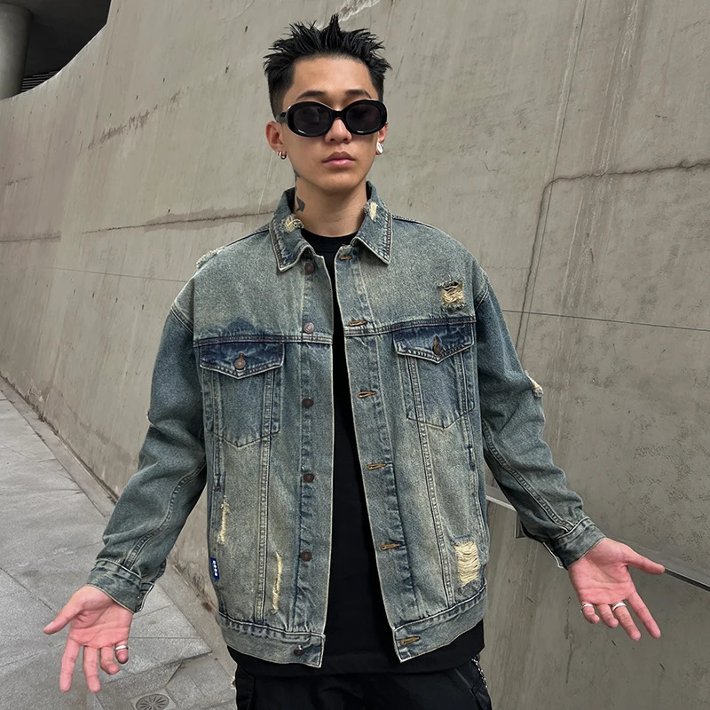 Spring Autumn Mens Streetwear Trendy Fashion Plus Size Loose Casual Vintage Ripped Denim Motorcycle Jacket Jeans Coat 250529