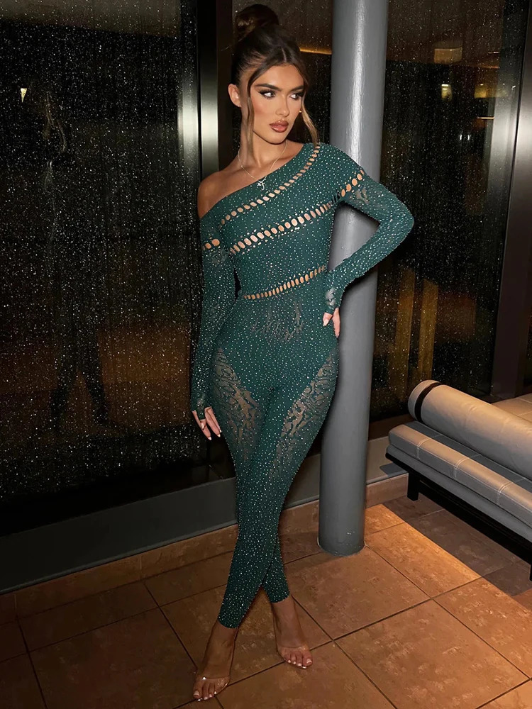 Sibybo Off Shoulder Long Sleeve Jumpsuits Women Fashion Rhinestones High Stretch Hollow Out Sexy Overalls Sparkly Party Rompers 250603