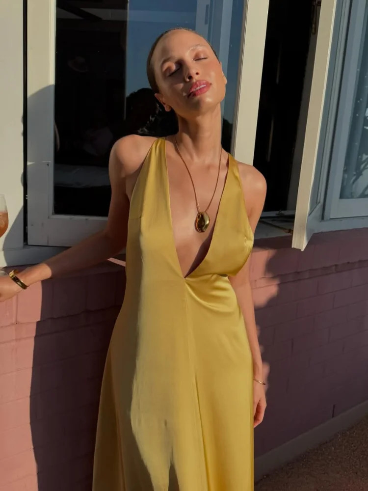 Chic Yellow Backless Sling Long Dress Elegant V Neck Sleeveless High Waist Slim Vestido 2025 Summer Fashion Lady Commute 250604