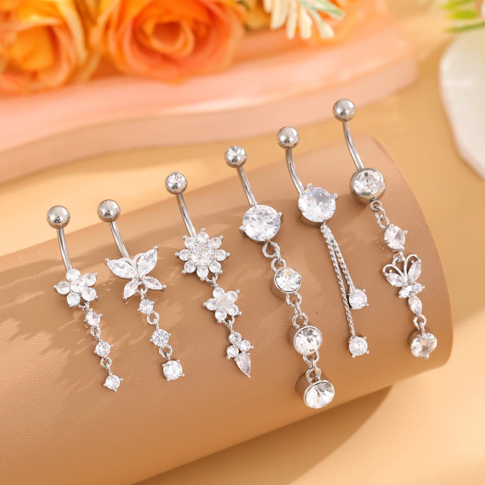6pcs Gold Color Heart Butterfly Flower Belly Button Rings Sets 14g Curved Long Dangled Belly Piercing Stainless Steel Navel Ring 250530