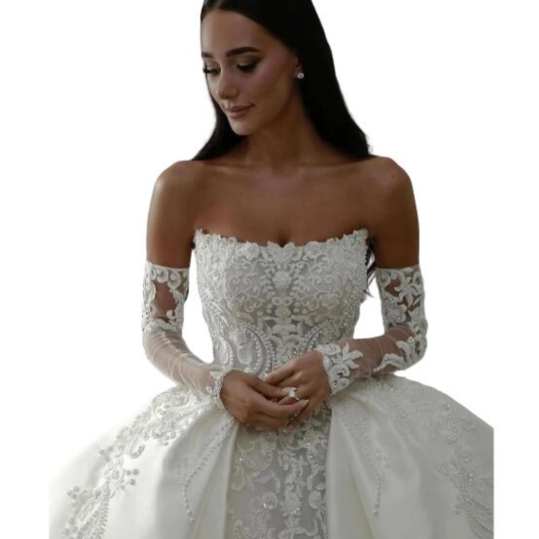 Modest Strapless Wedding Dress Ball Gown Elegant Appliques Lace Bridal Dress Customized Beads Pearls Dubai vestidos de novia