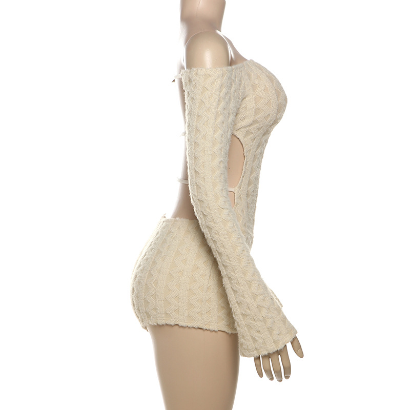 Backless Romper Women Knit Thin Fall Slash Neck Full Sleeve Hipster Playsuit Street Workout Activity Shorts Overalls