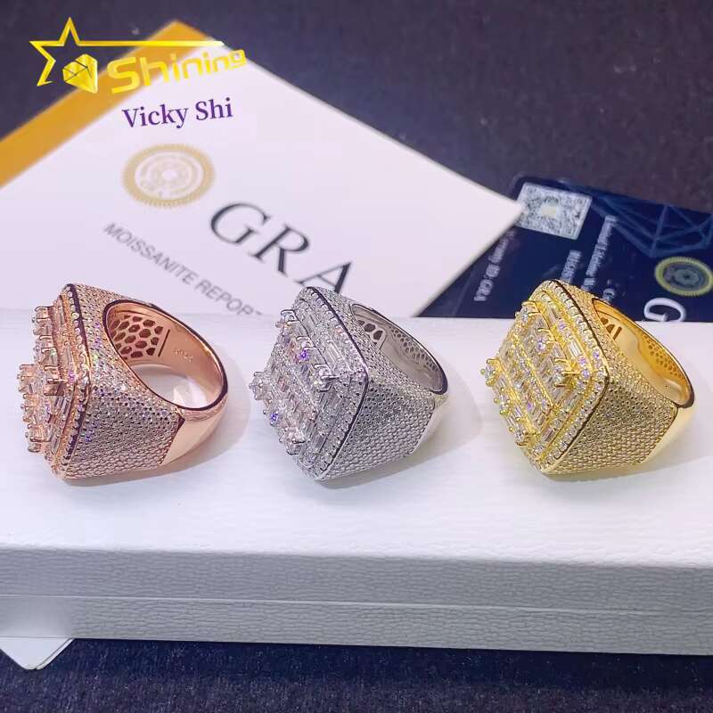 GRA Certificated 925 Solid Silver Gold Plated VVS Baguette Diamond Moissanite Custom Men Hip Hop Rings