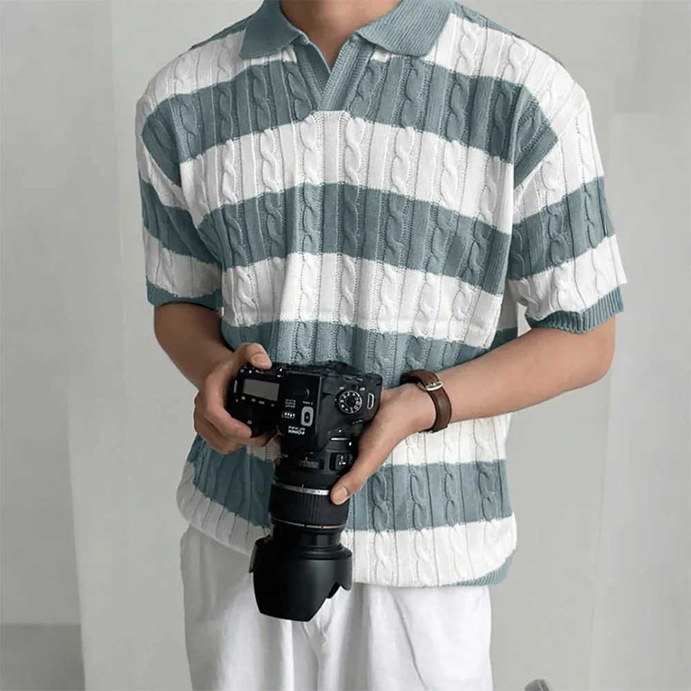 Mens Polo Short Sleeve Retro Knit Lapel Striped Short Sleeve Fashion T-shirt Popular Knitwear Casual Breathable Top US SizeXJ250605