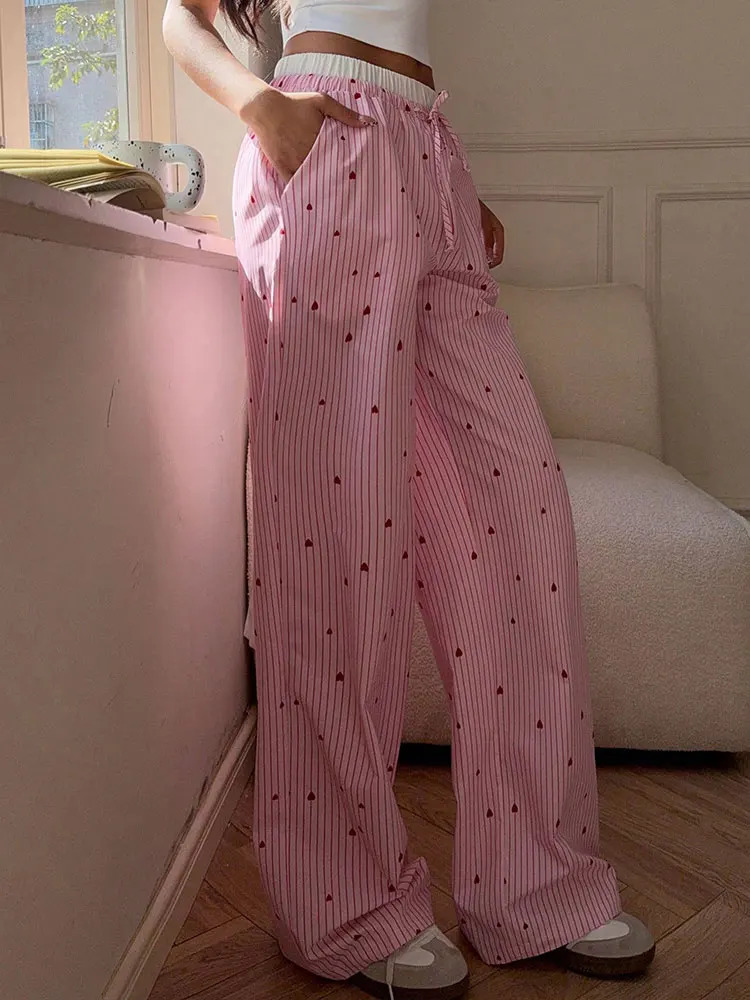 Summer Womens Trousers Streetwear Fashion Striped Print Love Laceup Casual Slim Pink Sexy Sweet Female Clothing 250604