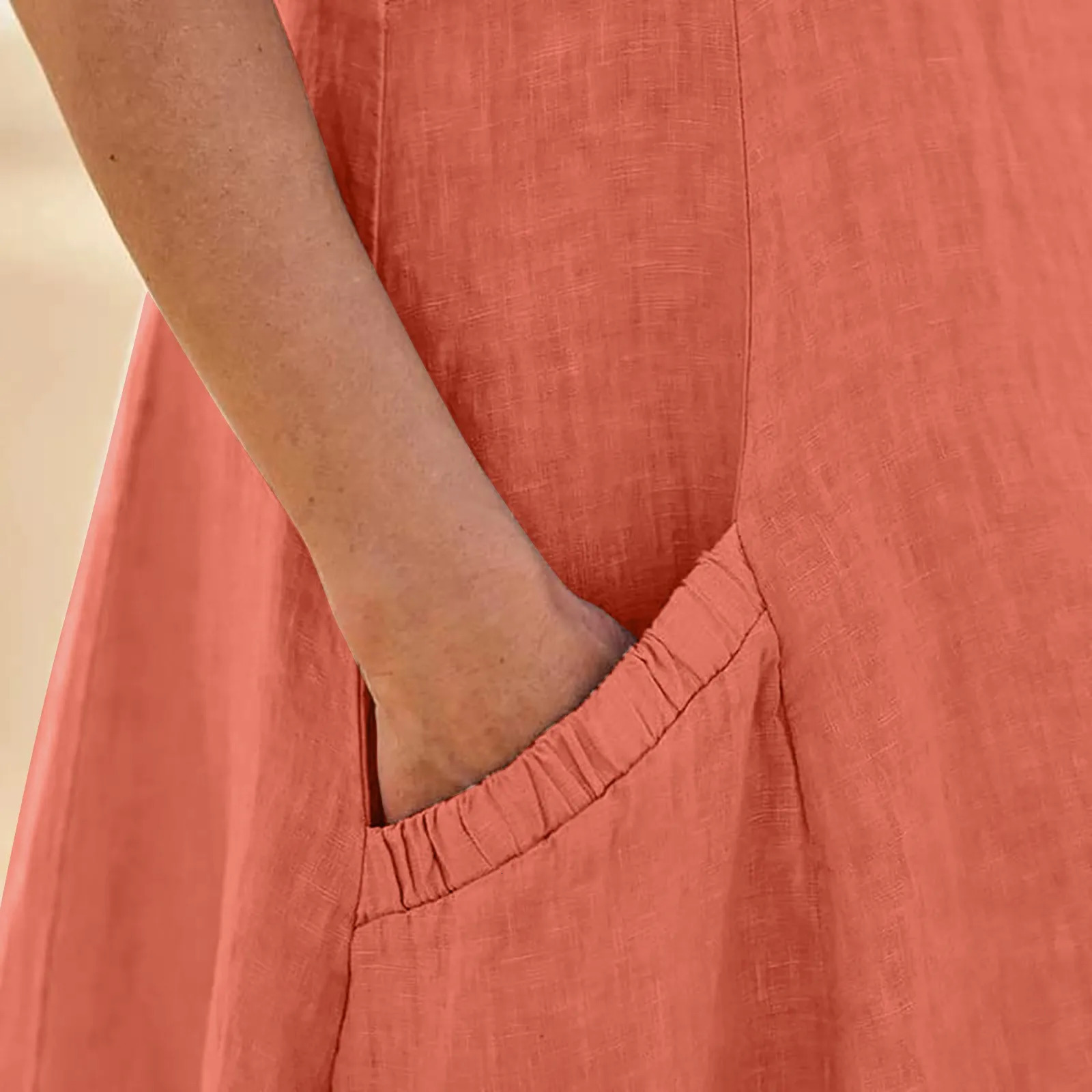 Cotton And Linen Sleeveless Long Dress Casual Solid Color Pocket WomenS Simple Elegant Dress 250604