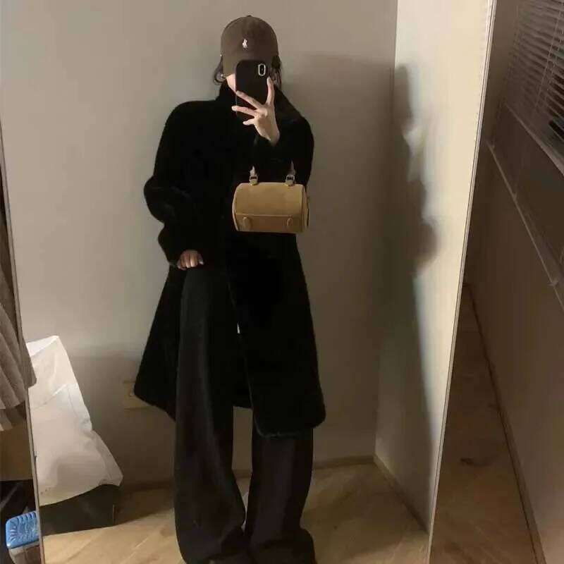 Ladies Fashion Stand Collar Mink Plush Outwear Women Leisure Sleeves Thicken Coat Winter Female Long Faux Fur Jacket