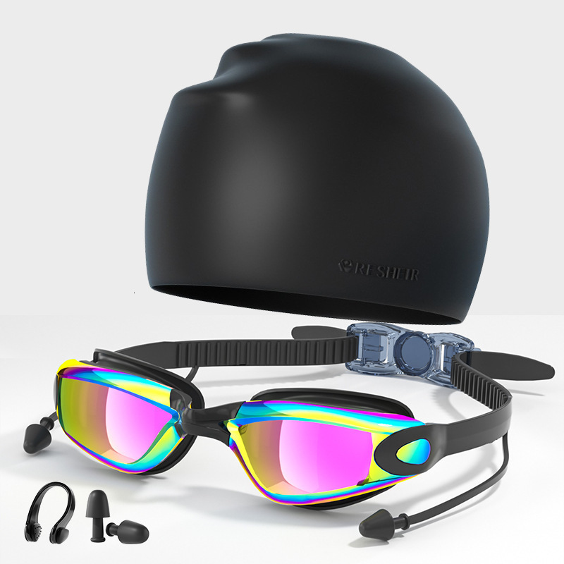 Adult Model Unisex HD Waterproof Anti-Fog Electroplated Swimming Goggles Swim Cap Nose Clip Earplugs Set