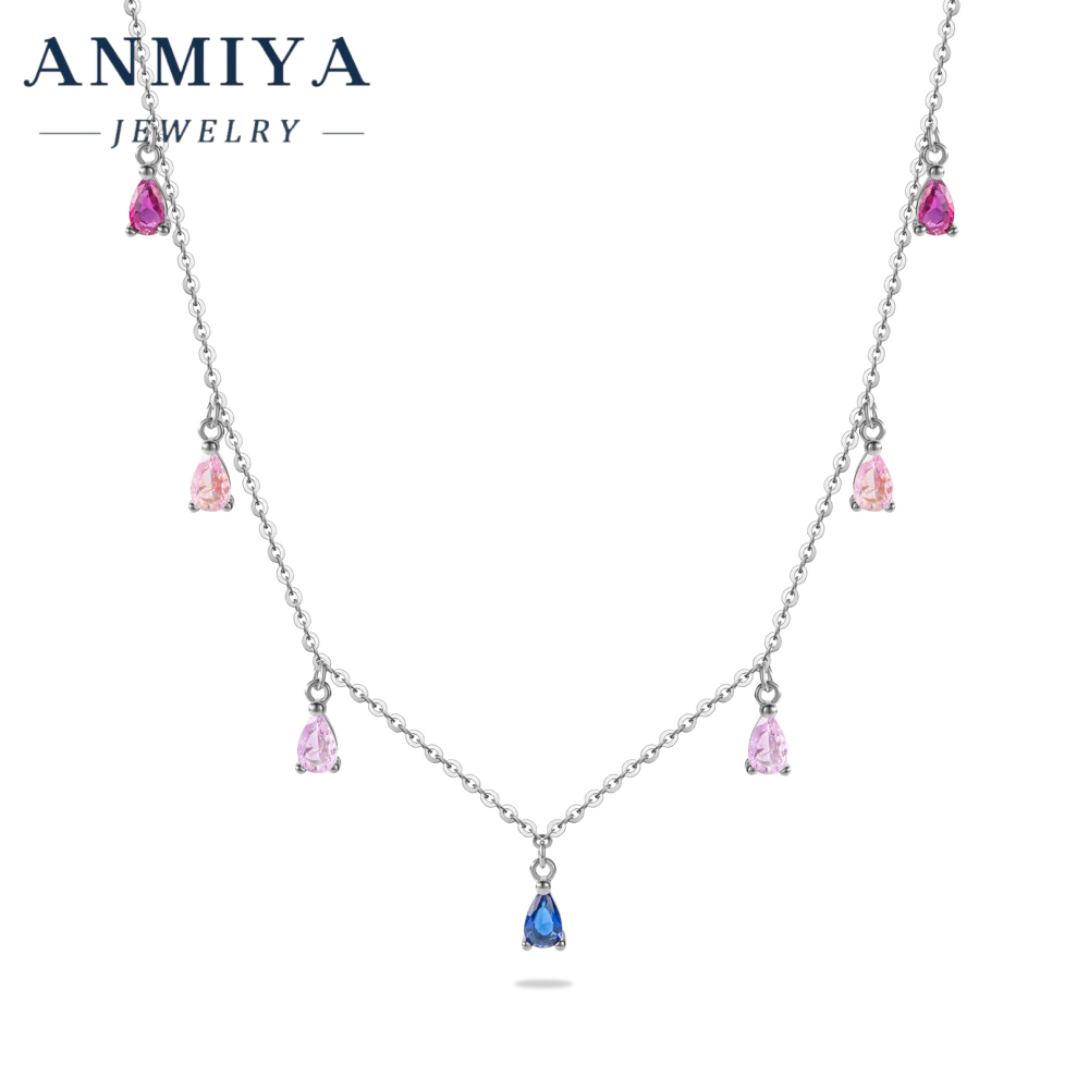 Sparkling Colorful Zircon Accented Silver Jewelry Layered Multi Water Drop Pendant, Tarnish-Resistant 925 Necklace for Daily
