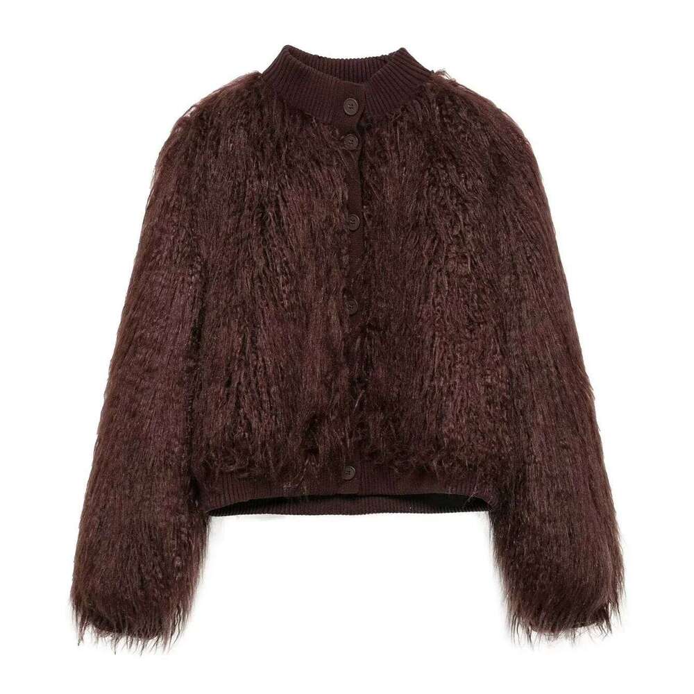 PB&ZA Women's 2024 Autumn/Winter New Collection Knitted Stand up Collar Artificial Fur Effect Maillard Short Jacket