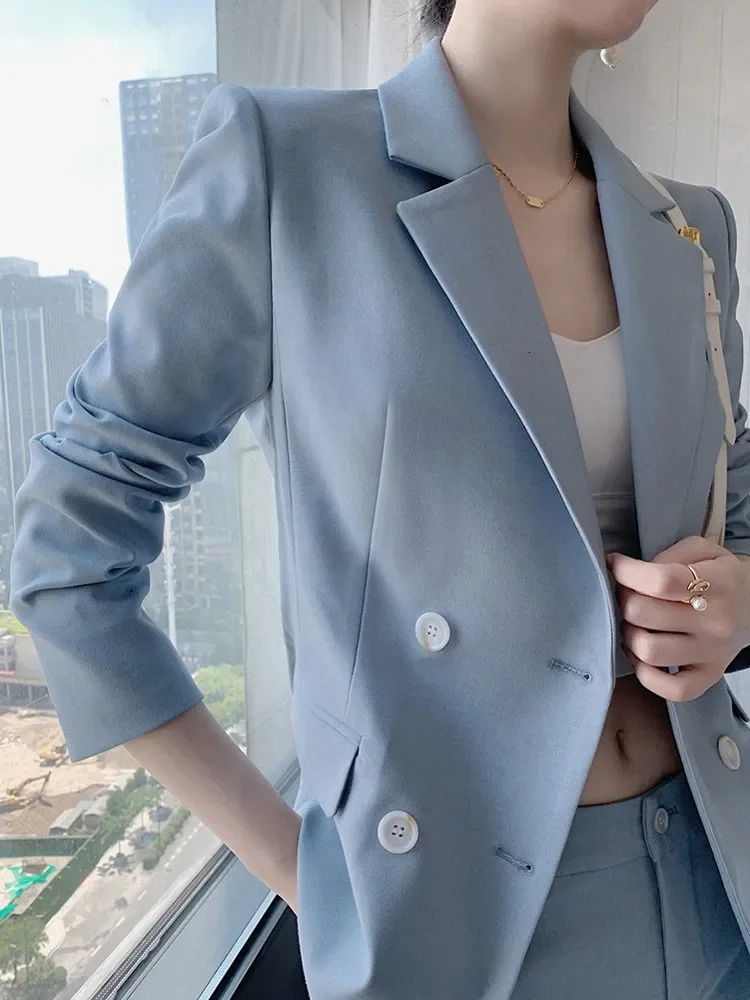 2024 Summer Blue Ladies Suits Two Piece Set Blazer Pants Top Quality Double Breasted Women Elegant Business Work Clothing 250520Z