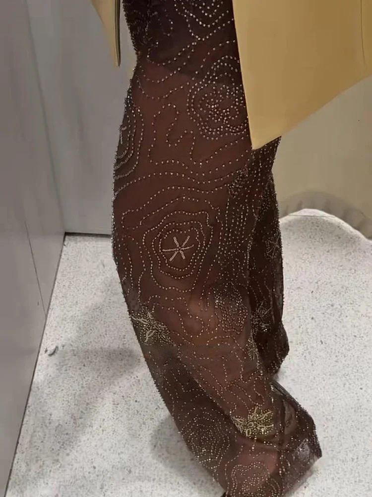 Elegant Sequin Printed Straight Pants Women Chic Bead y Seethrough Thin Trousers Summer High Street Party Wear 250604