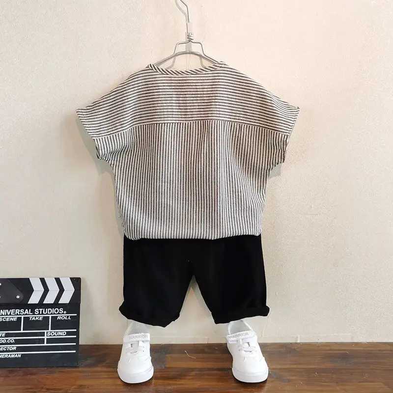 Boys cotton and linen set summer outfit 2025 new style childrens western-style shirt shorts 2-piece set R250605