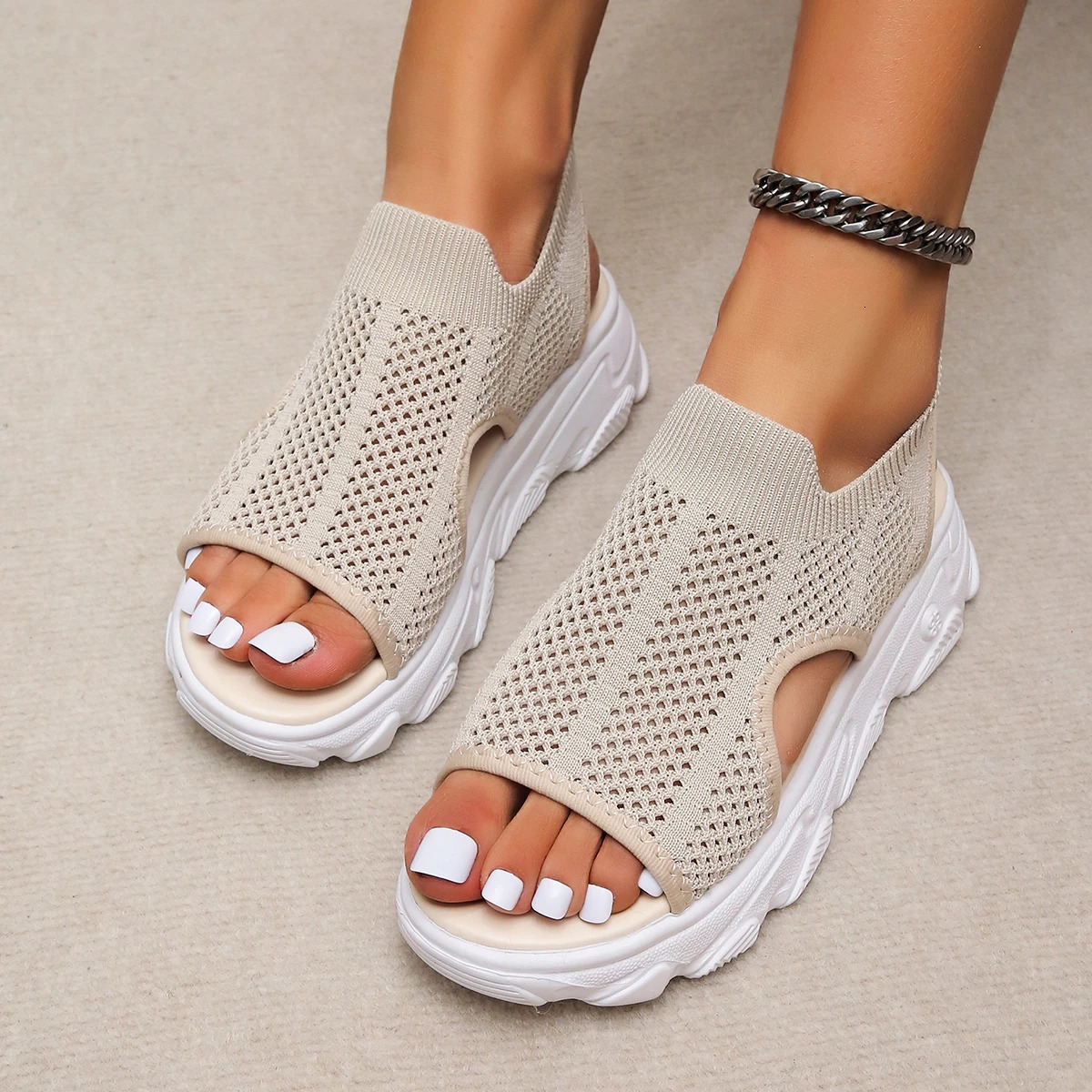 Women Slip on Sandals Summer Thick Bottom Round Head Mesh Hollow Slippers Casual Comfort Shoes Breathable Nonslip 250605