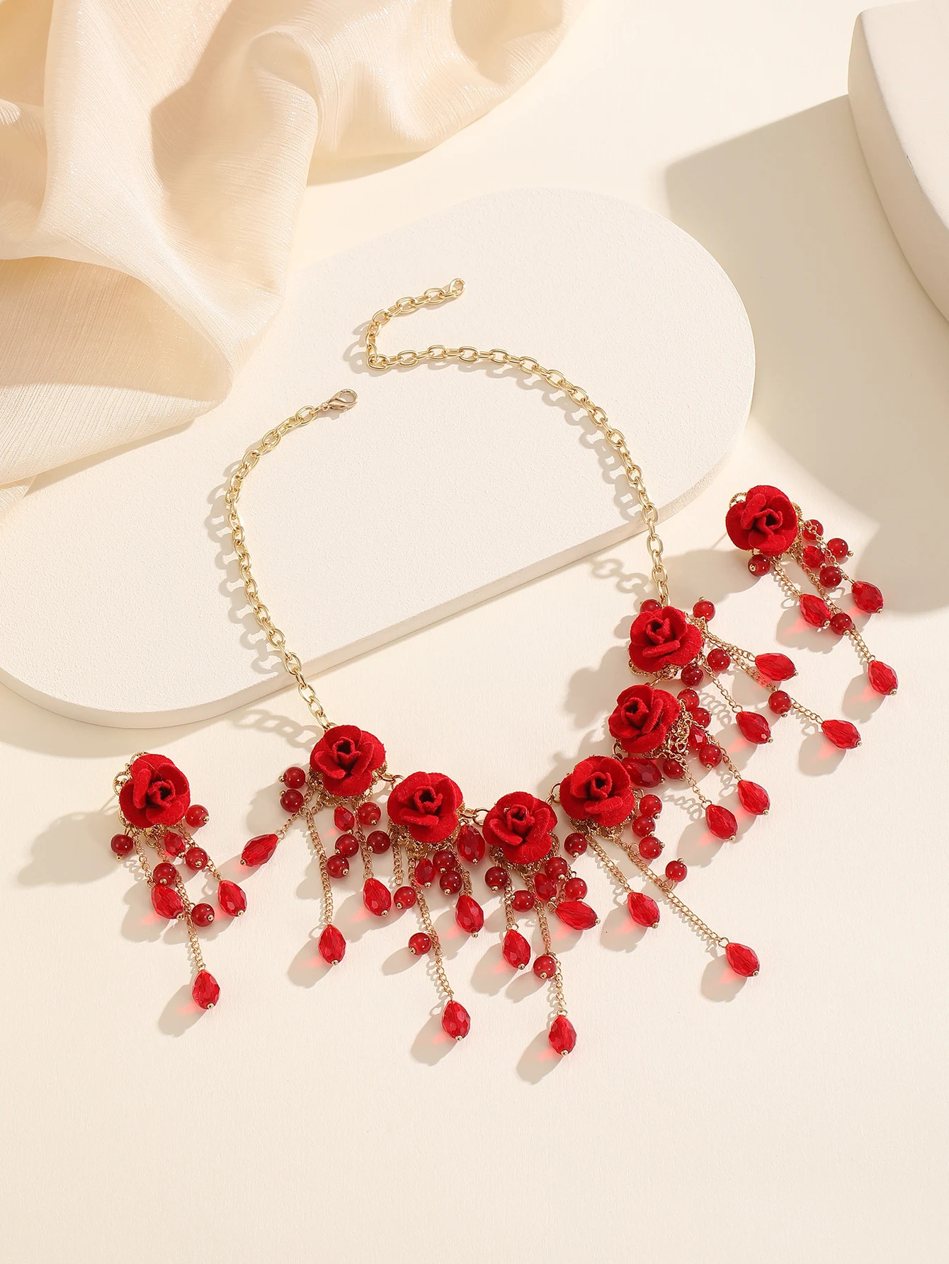 3pcs/set Elegant Vintage Red Rose Crystal Tassel Pendant Necklace and Earrings Romantic Jewelry Set Zinc Alloy Stainless Steel 250530