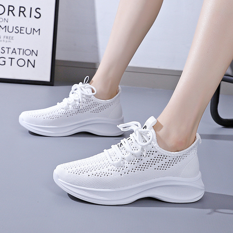 Flyknit Casual Shoes Women S Spring New Korean Style Mesh Breathable White Sneakers Outdoor Comfortable Simple Lightweight Thick Soled Sports Shoes Dd